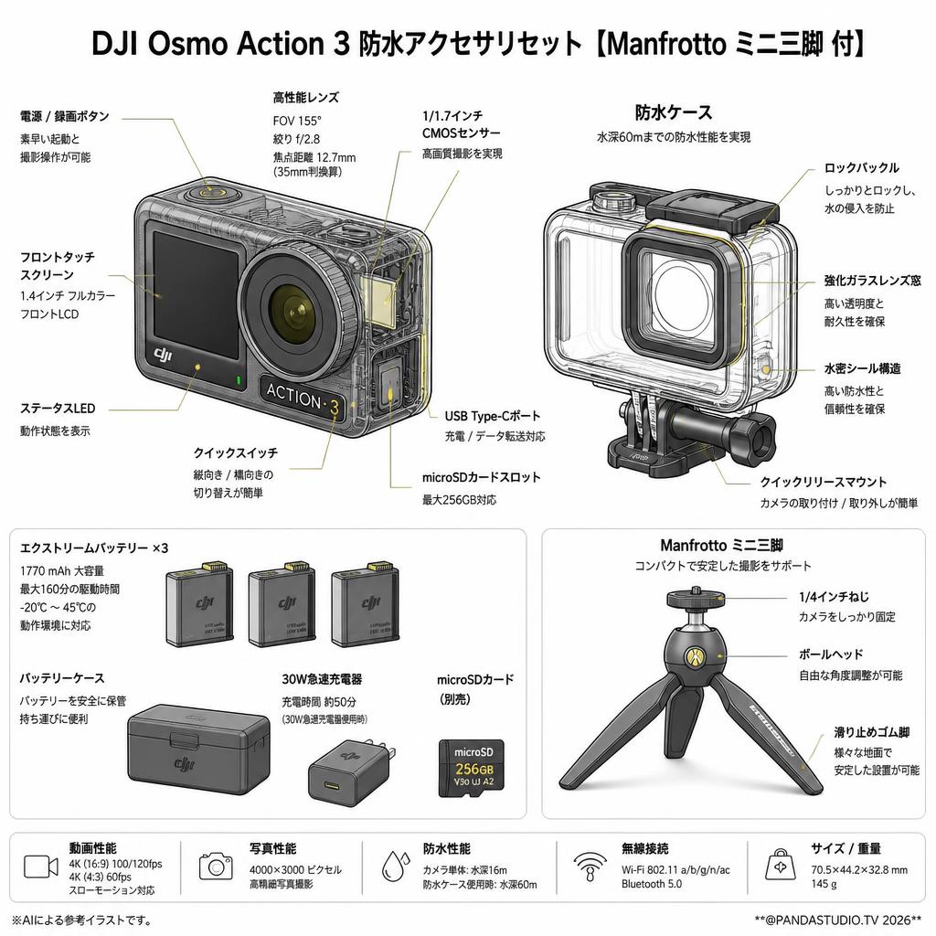 DJI  Osmo Action 3 防水アクセサリセット【Manfrotto ミニ三脚 付】 スペック