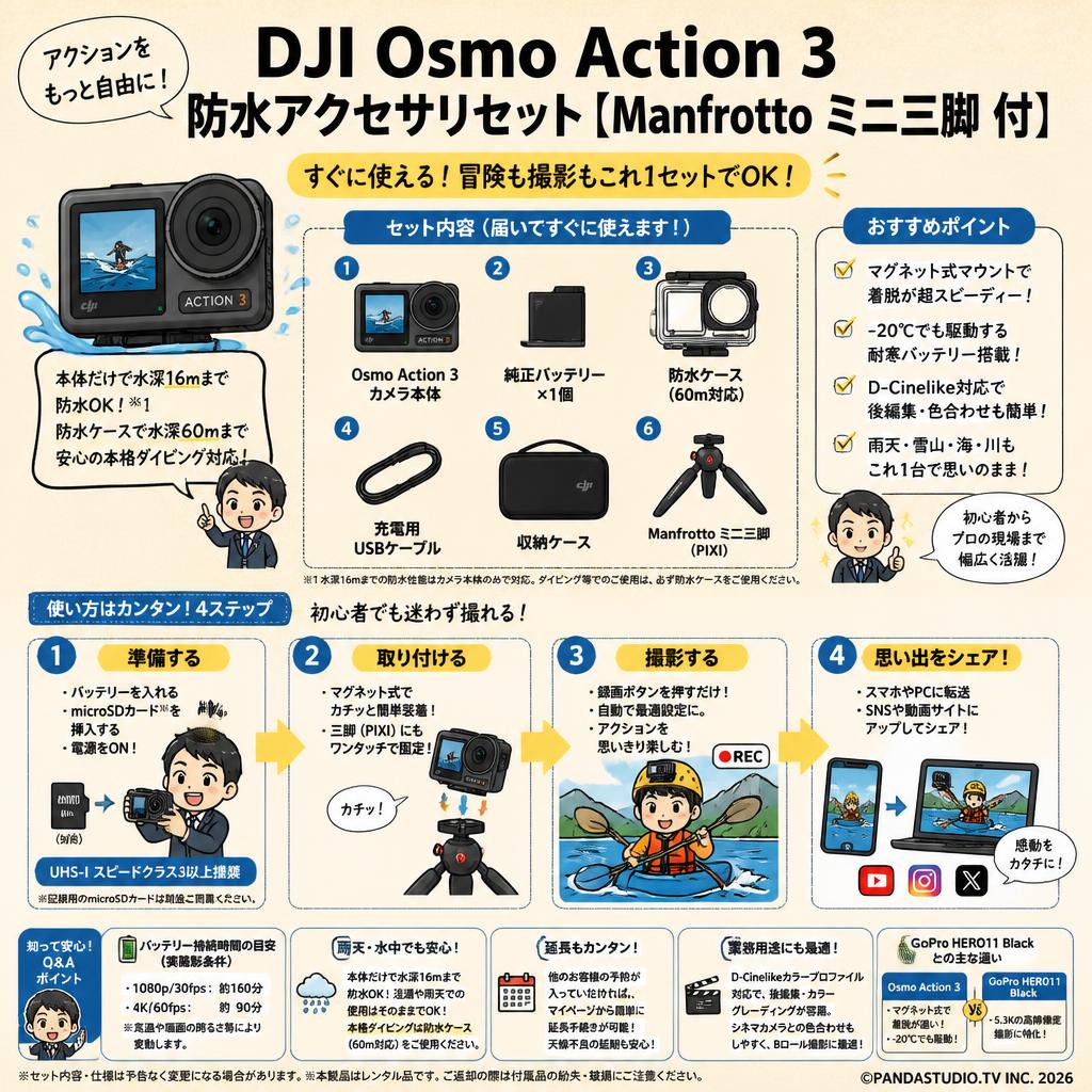 DJI  Osmo Action 3 防水アクセサリセット【Manfrotto ミニ三脚 付】 FAQ（よくある質問と答え）