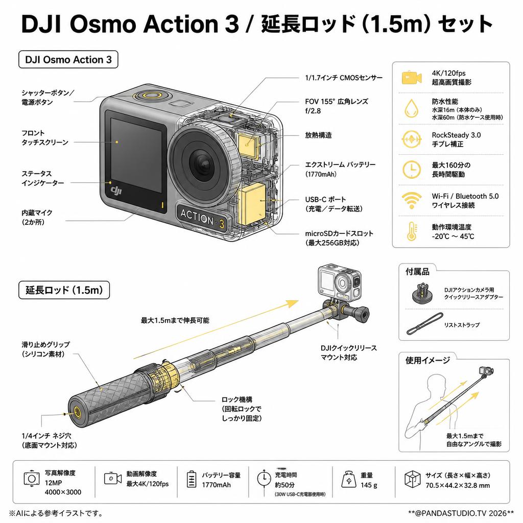 DJI  Osmo Action 3 /  延長ロッド (1.5m) セット スペック