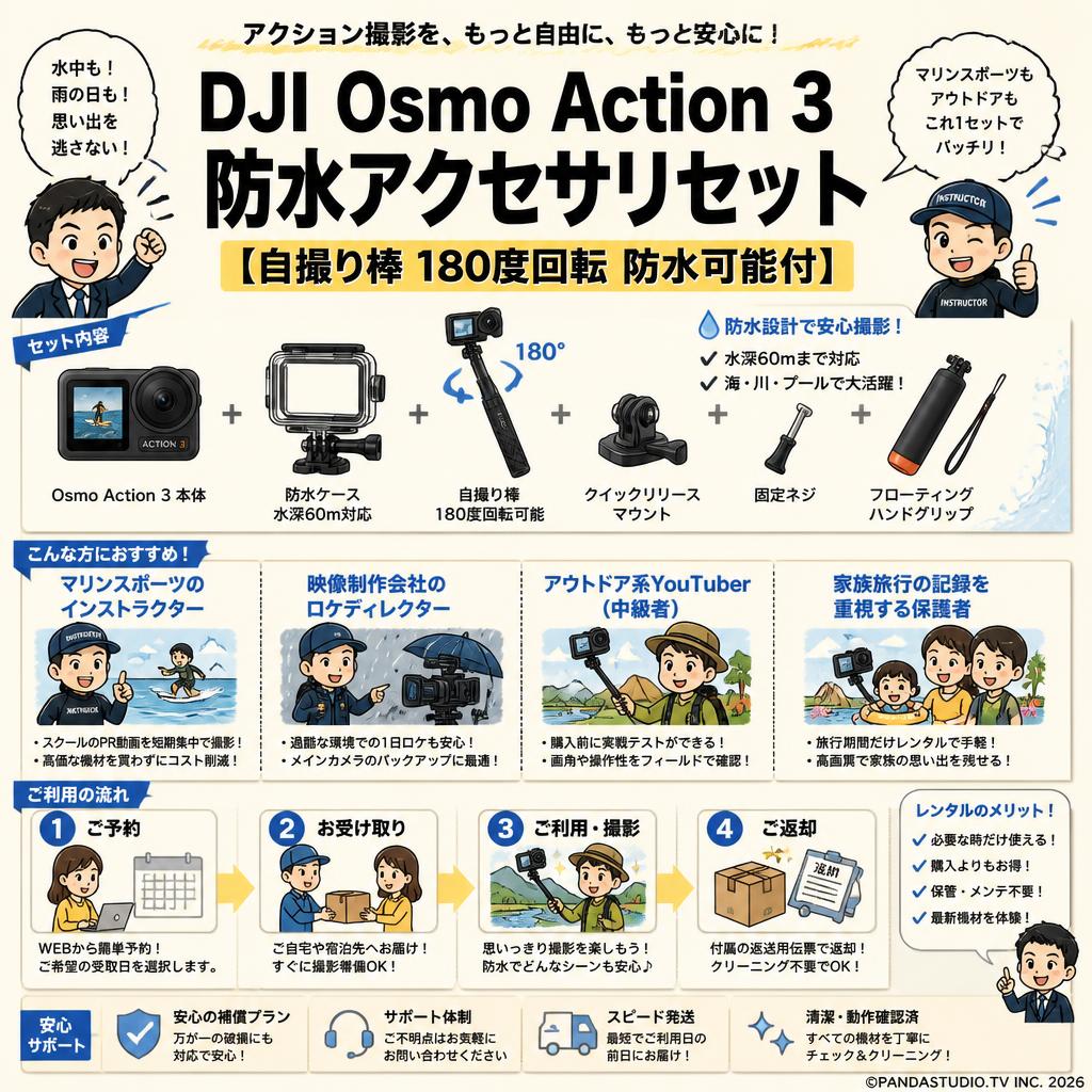 DJI  Osmo Action 3 防水アクセサリセット【自撮り棒 180度回転 防水可能付】 おもな対象のお客様
