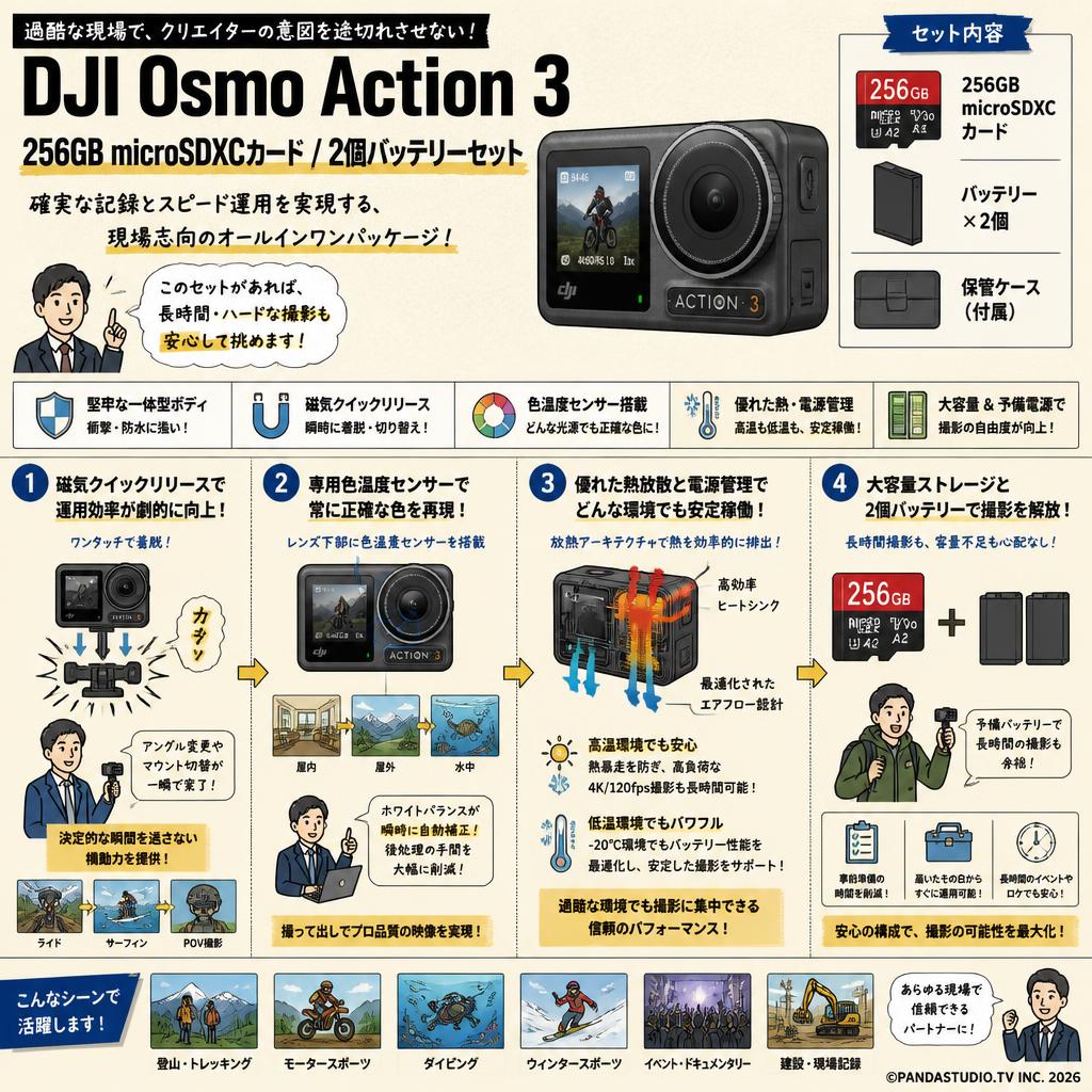 DJI  Osmo Action 3 / 256GB microSDXCカード / 2個バッテリーセット 概要