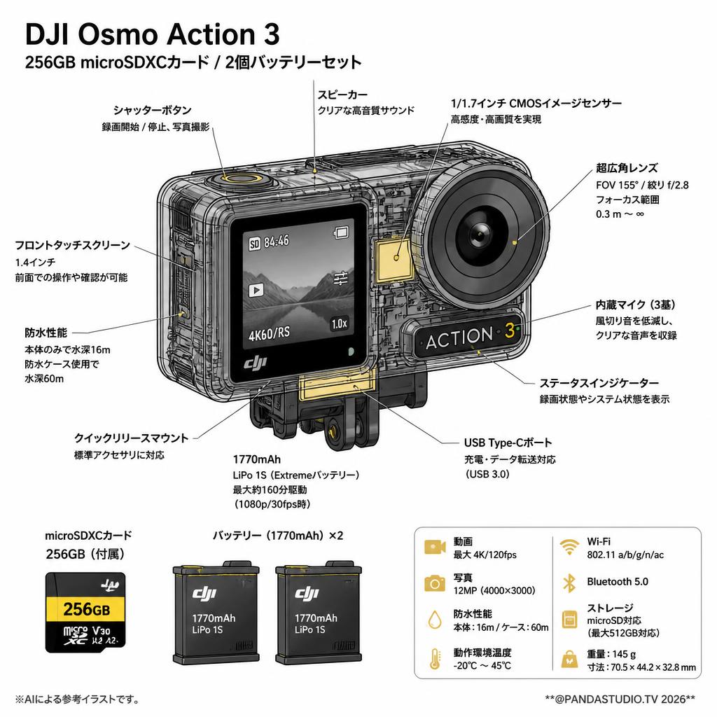 DJI  Osmo Action 3 / 256GB microSDXCカード / 2個バッテリーセット スペック