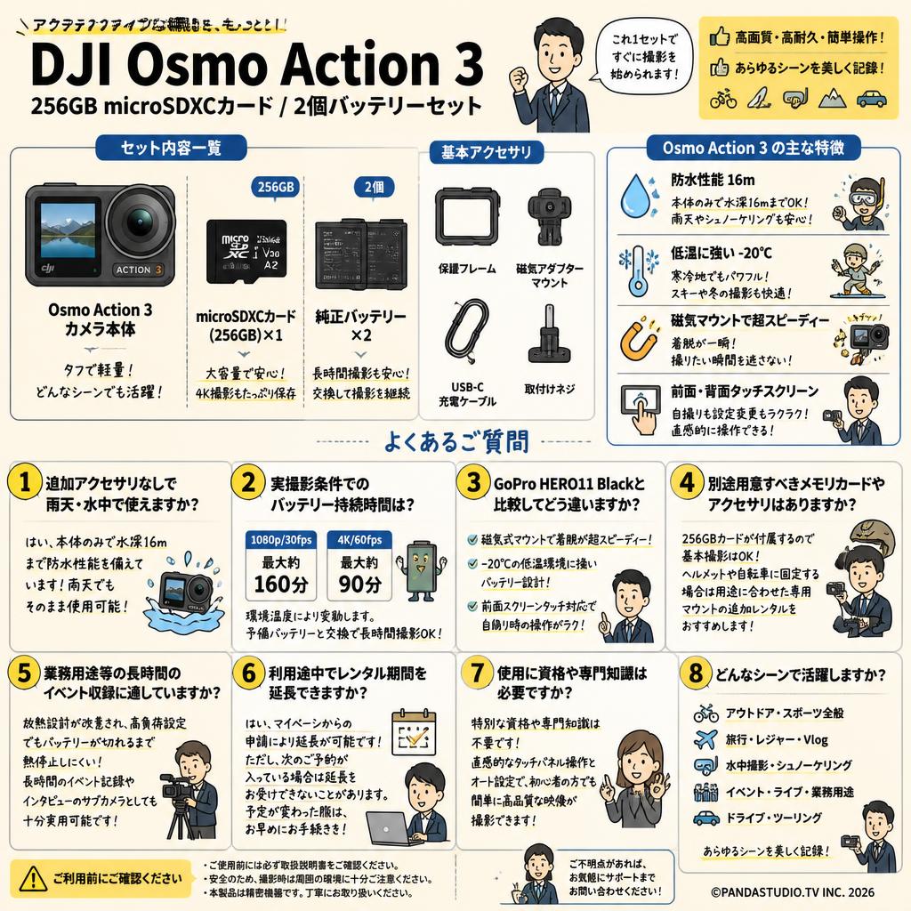 DJI  Osmo Action 3 / 256GB microSDXCカード / 2個バッテリーセット FAQ（よくある質問と答え）