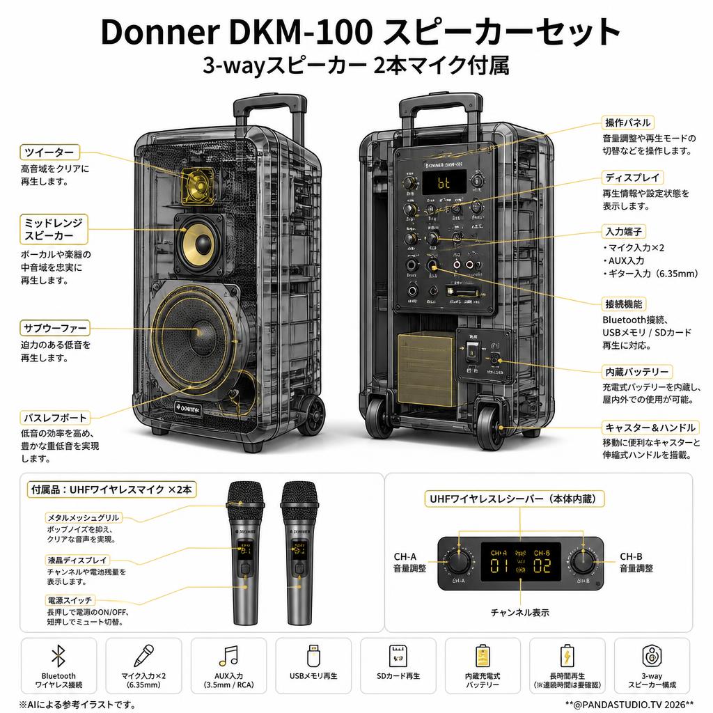 Donner DKM-100 スピーカーセット 3-wayスピーカー 2本マイク付属 スペック