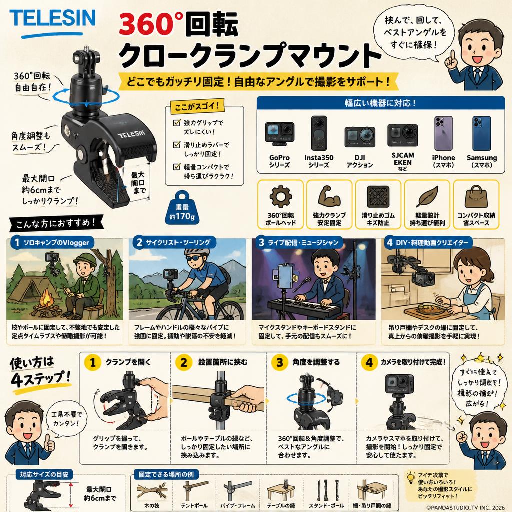 TELESIN 360°回転 クロークランプマウント 【GoPro/Insta360/DJI/SJCAM/EKEN/IPhone/Samsung対応】 おもな対象のお客様