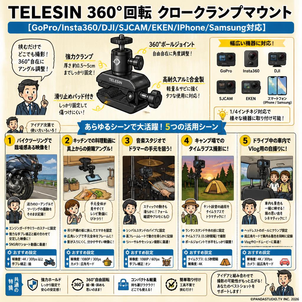 TELESIN 360°回転 クロークランプマウント 【GoPro/Insta360/DJI/SJCAM/EKEN/IPhone/Samsung対応】 用途