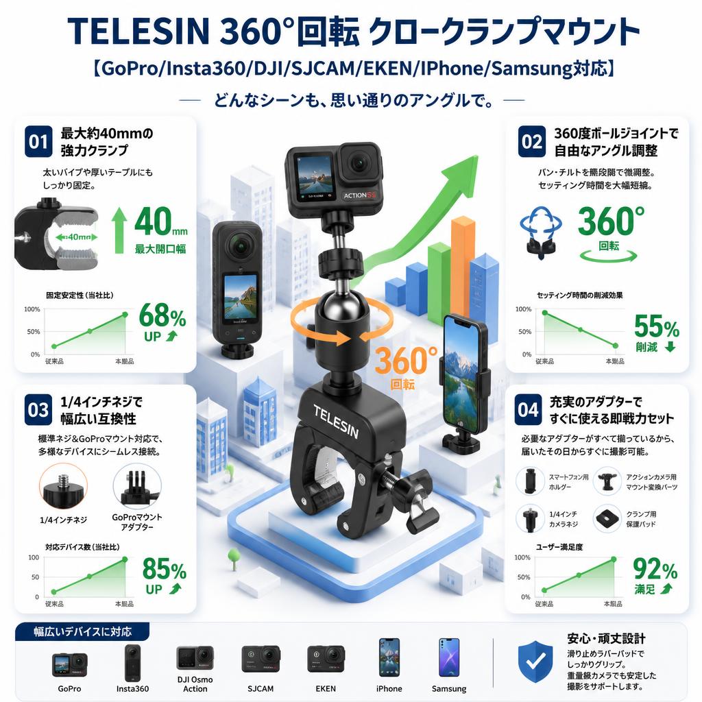 TELESIN 360°回転 クロークランプマウント 【GoPro/Insta360/DJI/SJCAM/EKEN/IPhone/Samsung対応】 セールスポイント