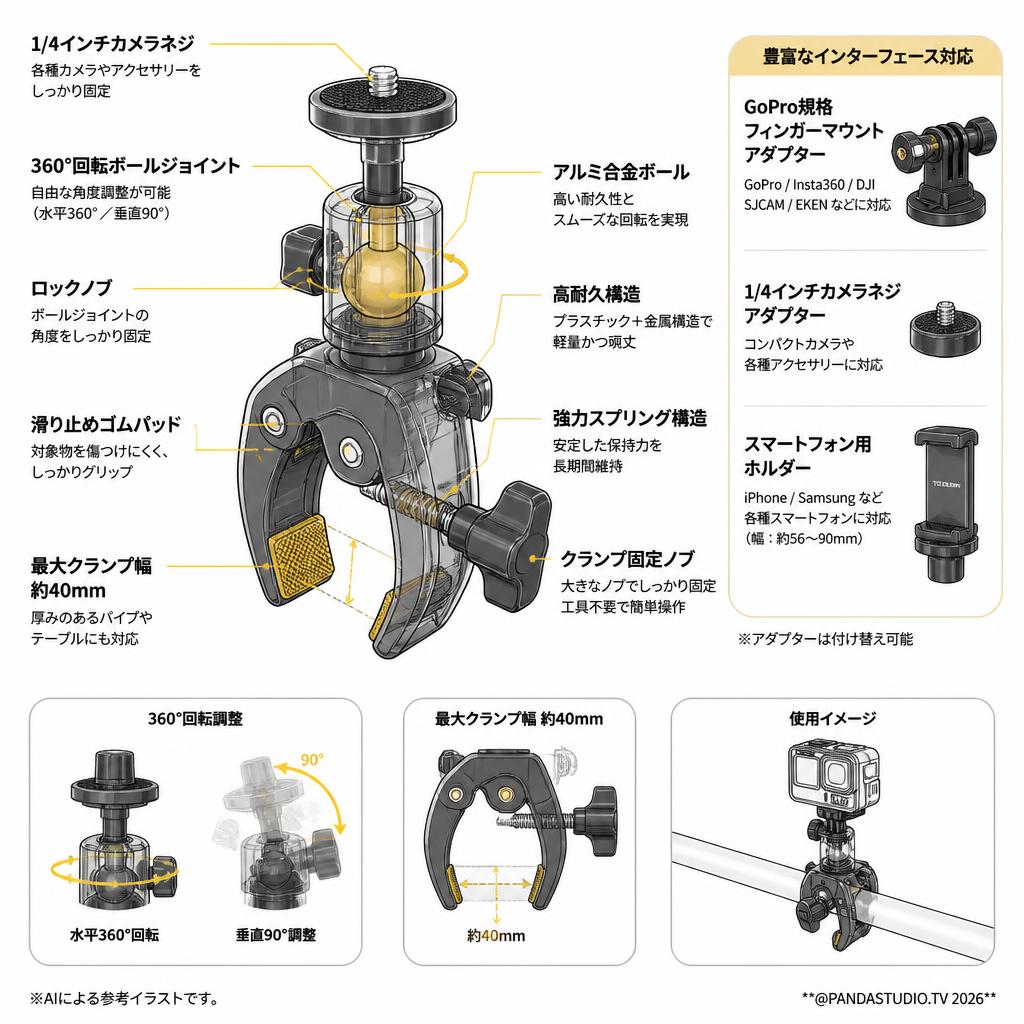 TELESIN 360°回転 クロークランプマウント 【GoPro/Insta360/DJI/SJCAM/EKEN/IPhone/Samsung対応】 スペック