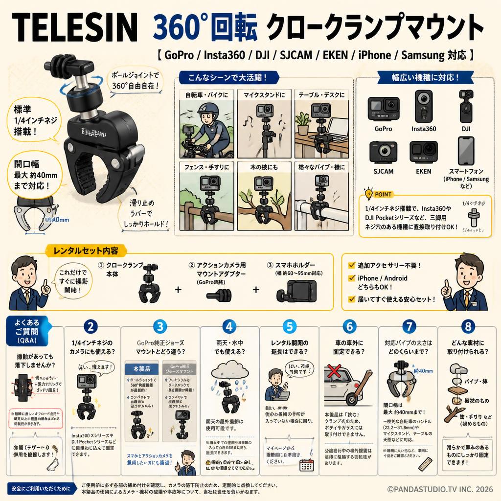 TELESIN 360°回転 クロークランプマウント 【GoPro/Insta360/DJI/SJCAM/EKEN/IPhone/Samsung対応】 FAQ（よくある質問と答え）