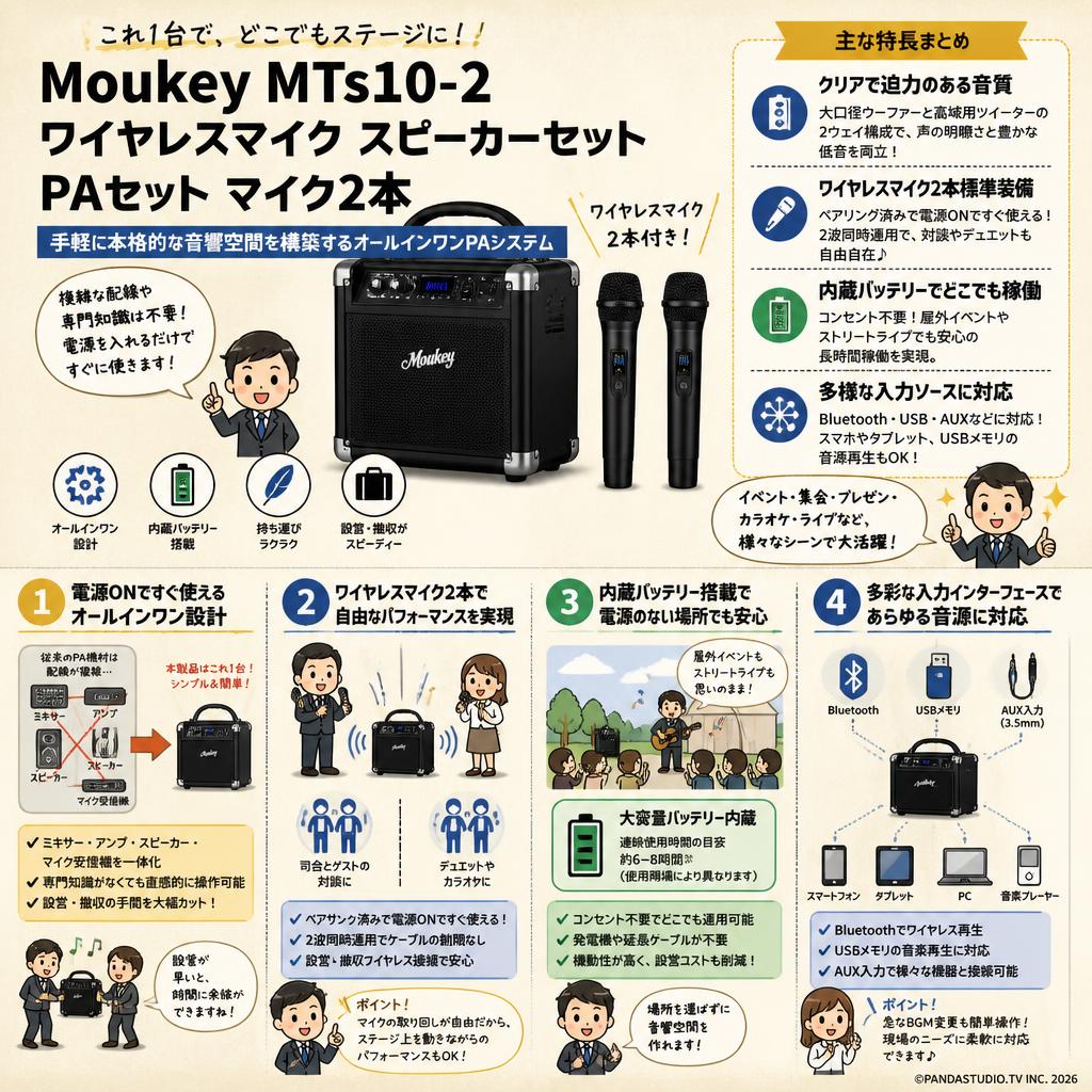 Moukey MTs10-2 ワイヤレスマイク スピーカーセット PAセット マイク2