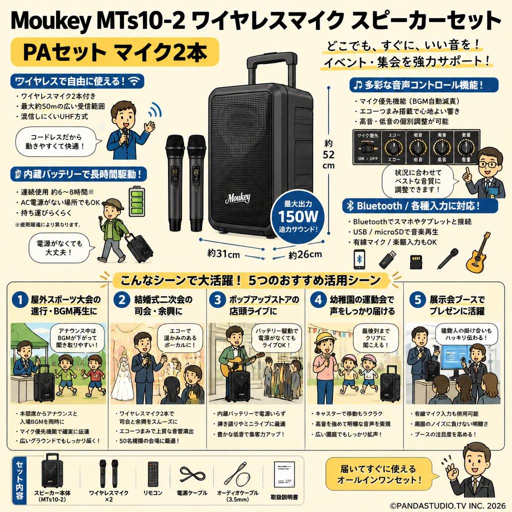 Moukey MTs10-2 ワイヤレスマイク スピーカーセット PAセット マイク2