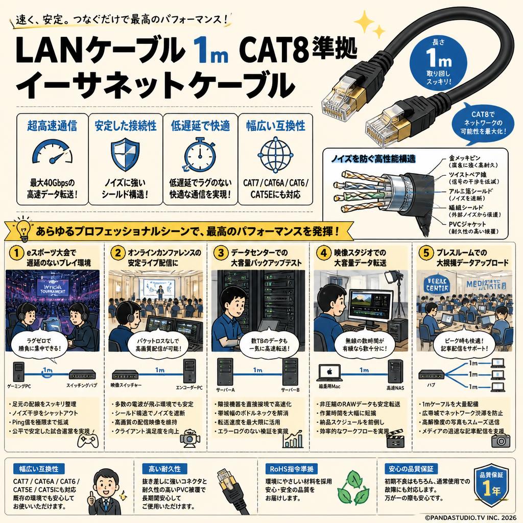 LANケーブル1m CAT8準拠 イーサネットケーブル 用途