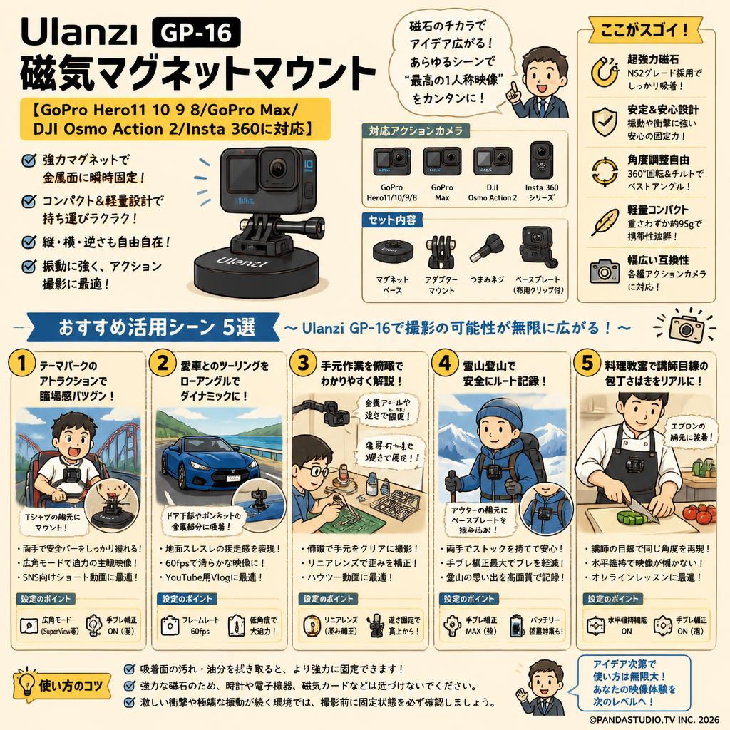 Ulanzi GP-16 磁気マグネットマウント 【GoPro Hero11 10 9 8/GoPro Max/DJI Osmo Action 2/Insta 360に対応】 用途