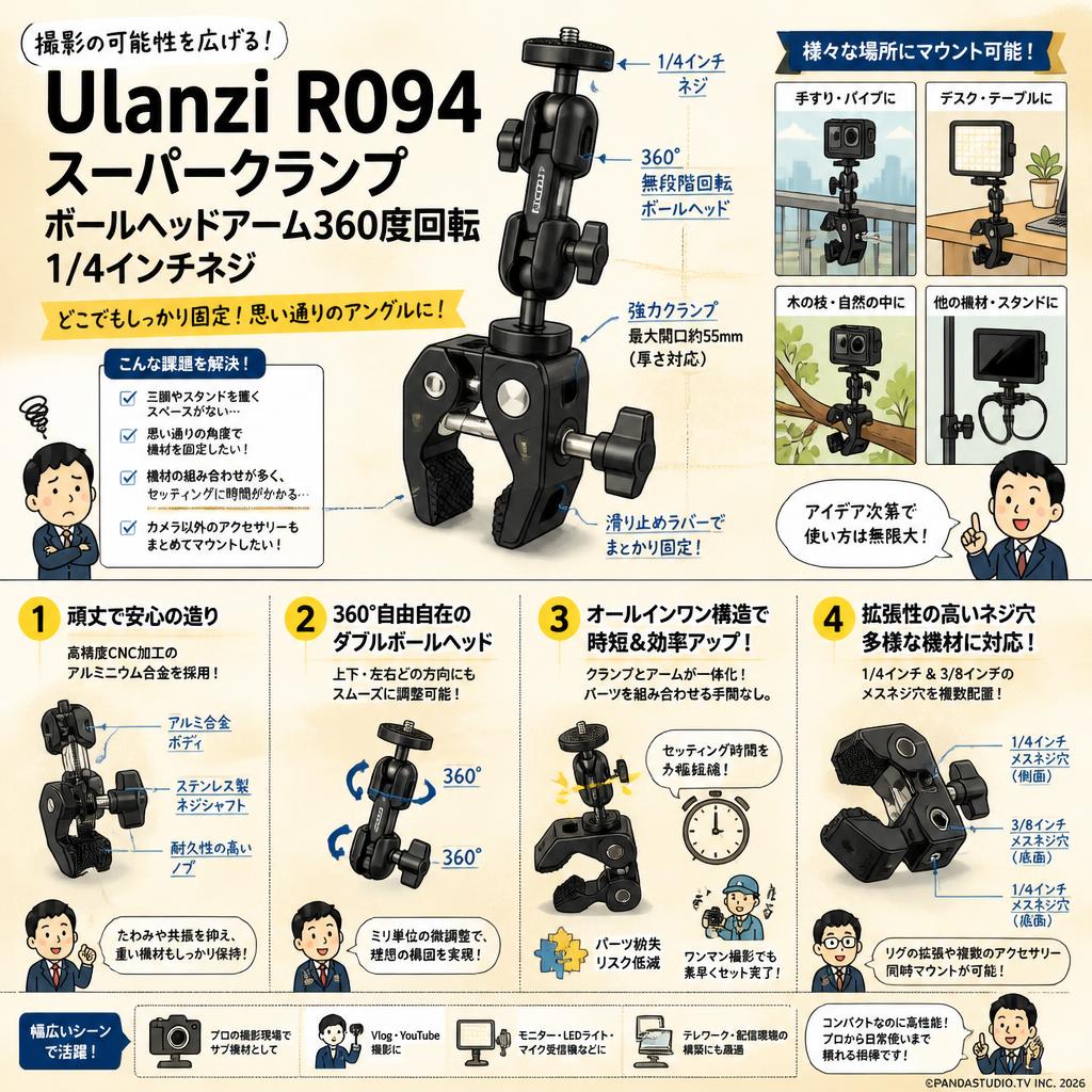 Ulanzi R094 スーパークランプ ボールヘッドアーム360度回転 1/4インチネジ 概要