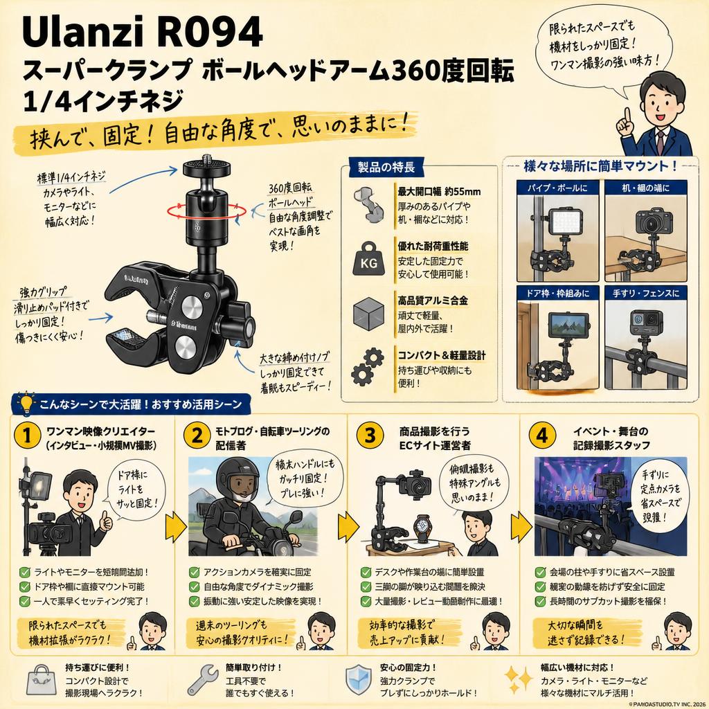 Ulanzi R094 スーパークランプ ボールヘッドアーム360度回転 1/4インチネジ おもな対象のお客様