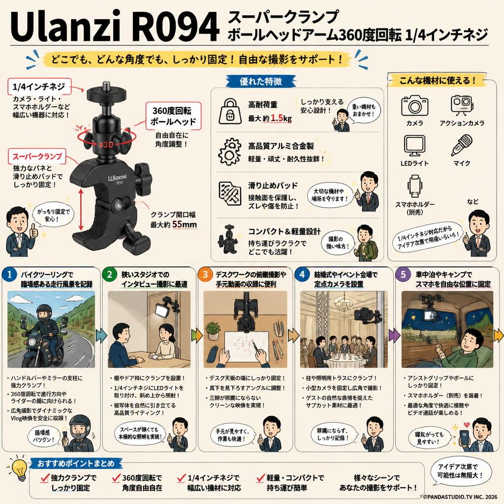Ulanzi R094 スーパークランプ ボールヘッドアーム360度回転 1/4インチネジ 用途