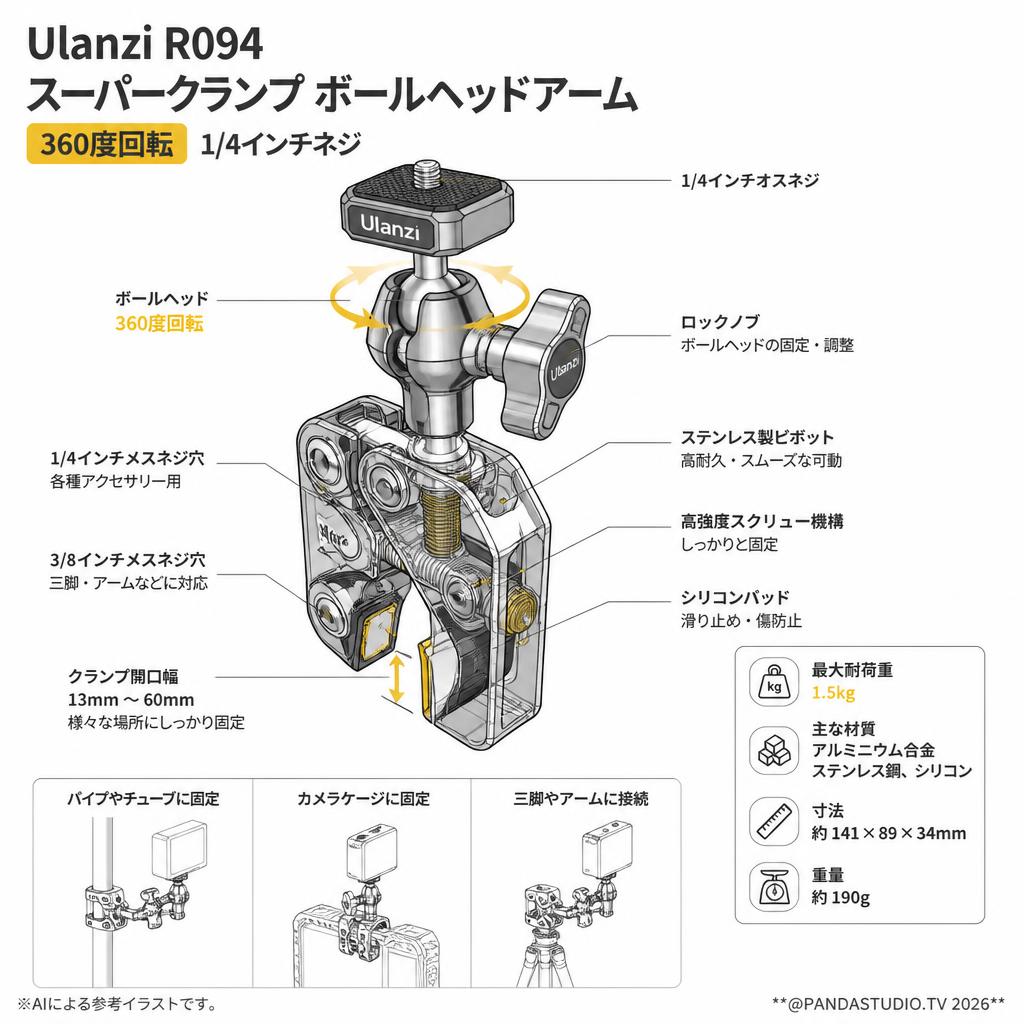 Ulanzi R094 スーパークランプ ボールヘッドアーム360度回転 1/4インチネジ スペック