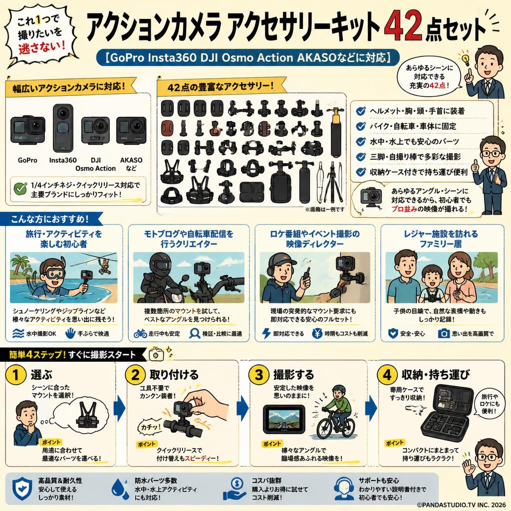 アクションカメラ アクセサリーキット42点セット 【GoPro Insta360 DJI Osmo Action AKASOなどに対応】 おもな対象のお客様