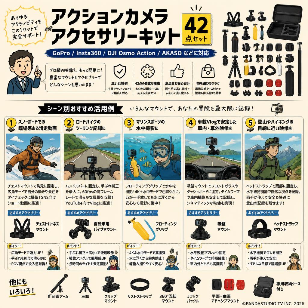 アクションカメラ アクセサリーキット42点セット 【GoPro Insta360 DJI Osmo Action AKASOなどに対応】 用途