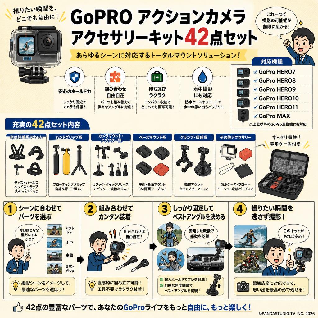 GoPRO アクションカメラ アクセサリーキット42点セット 【GoPro7 GoPro8 GoPro9 GoPRO10 GoPRO11 GoPro Max に対応】 概要