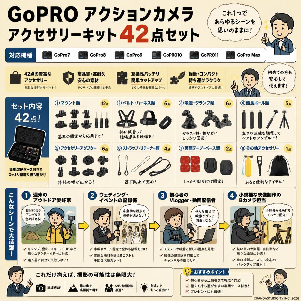 GoPRO アクションカメラ アクセサリーキット42点セット 【GoPro7 GoPro8 GoPro9 GoPRO10 GoPRO11 GoPro Max に対応】 おもな対象のお客様