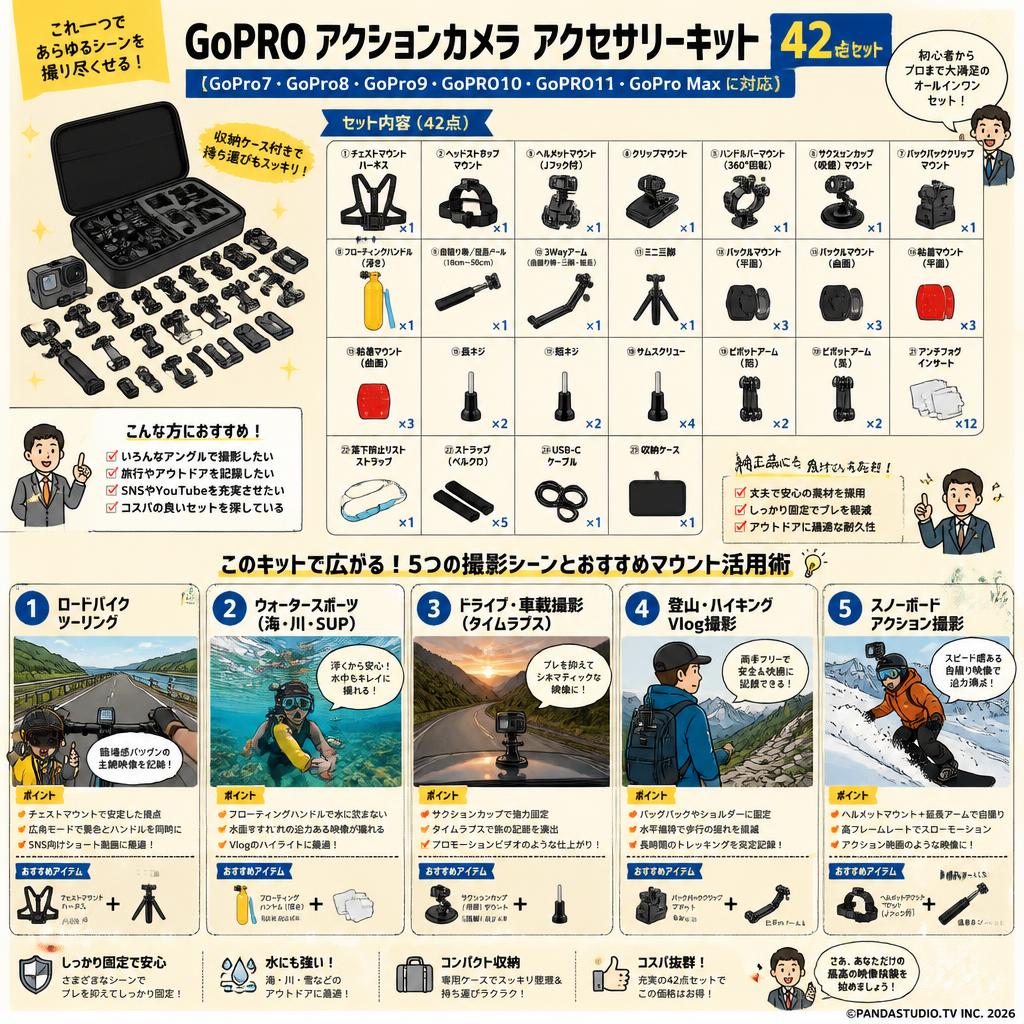GoPRO アクションカメラ アクセサリーキット42点セット 【GoPro7 GoPro8 GoPro9 GoPRO10 GoPRO11 GoPro Max に対応】 用途