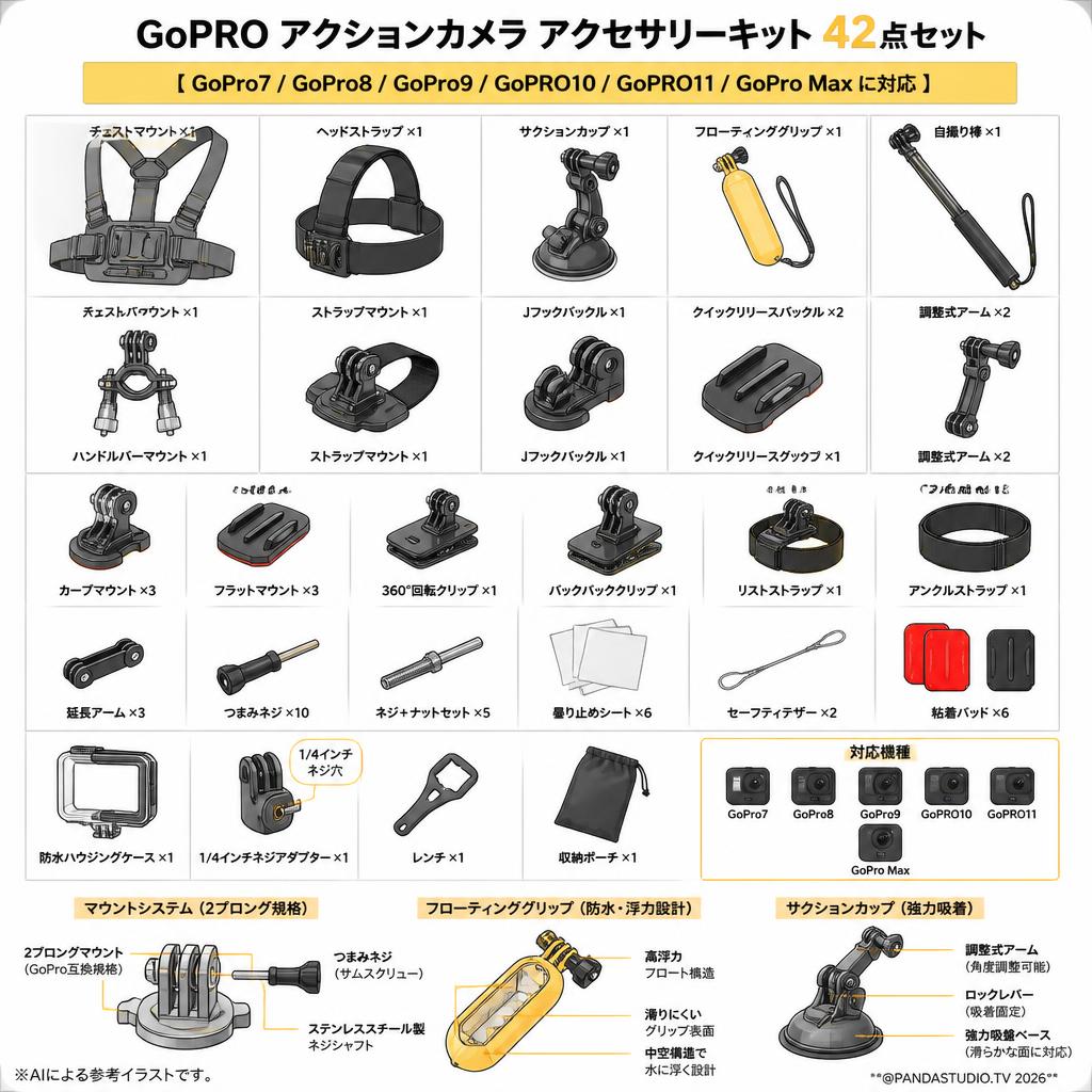 GoPRO アクションカメラ アクセサリーキット42点セット 【GoPro7 GoPro8 GoPro9 GoPRO10 GoPRO11 GoPro Max に対応】 スペック