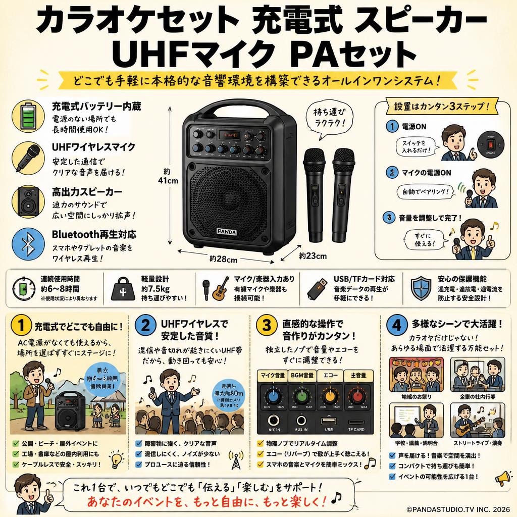 カラオケセット 充電式 スピーカー UHFマイク PAセット 概要