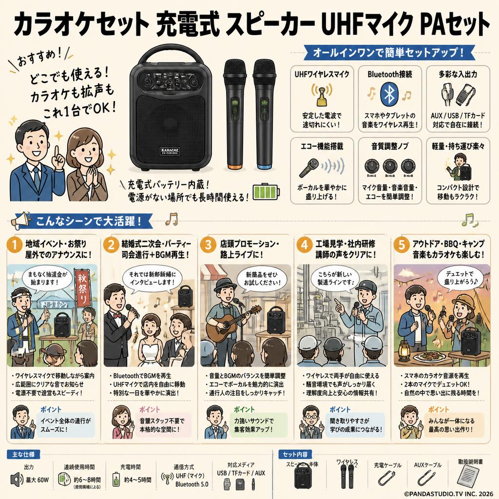 カラオケセット 充電式 スピーカー UHFマイク PAセット 用途