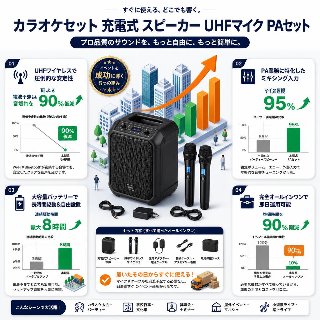 カラオケセット 充電式 スピーカー UHFマイク PAセット セールスポイント