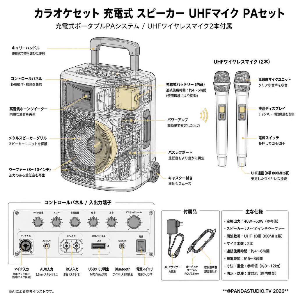 カラオケセット 充電式 スピーカー UHFマイク PAセット スペック