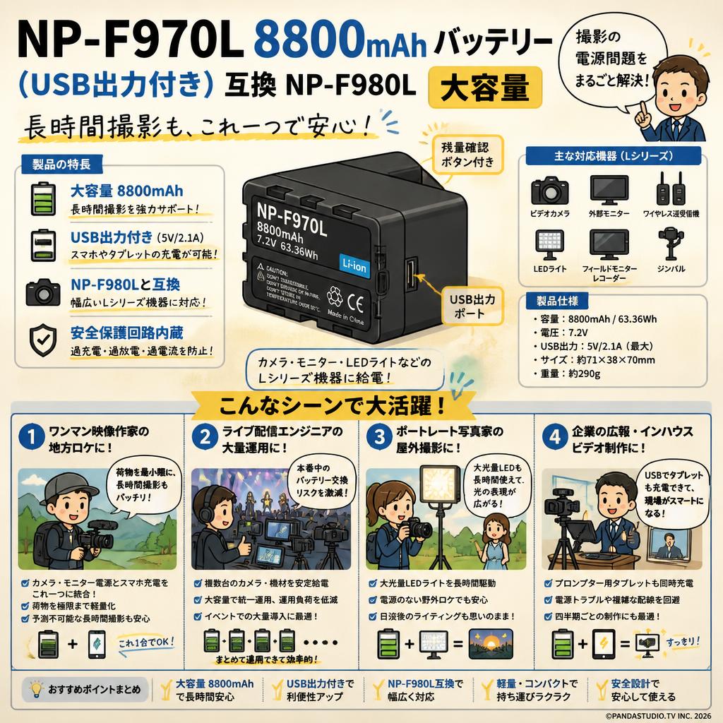 NP-F970L 8800mAh バッテリー (USB出力付き) 互換 NP-F980L 大容量 おもな対象のお客様