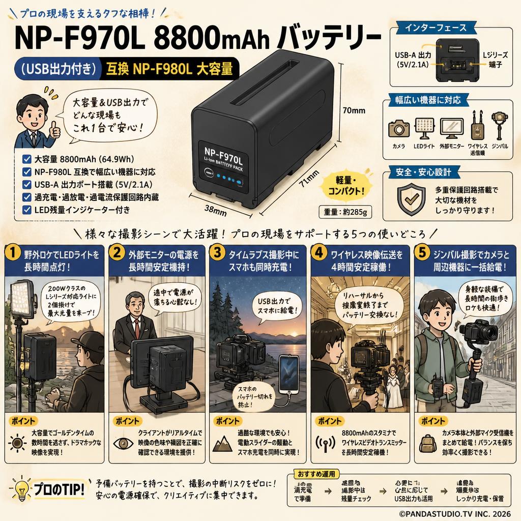 NP-F970L 8800mAh バッテリー (USB出力付き) 互換 NP-F980L 大容量 用途