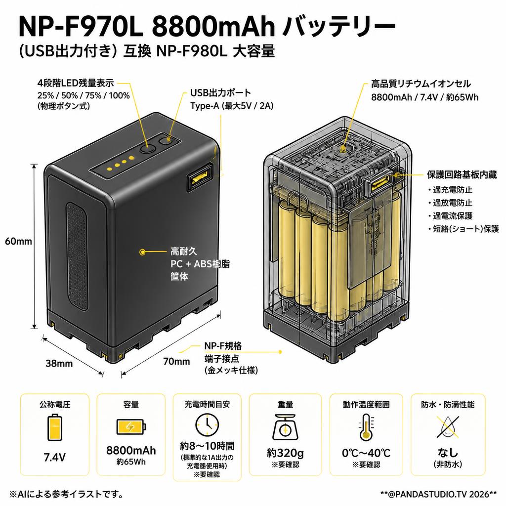NP-F970L 8800mAh バッテリー (USB出力付き) 互換 NP-F980L 大容量 スペック