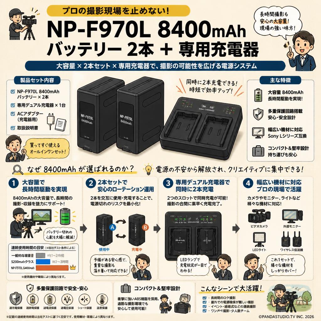 NP-F970L 8400mAh バッテリー  2本 ＋ 専用充電器 概要