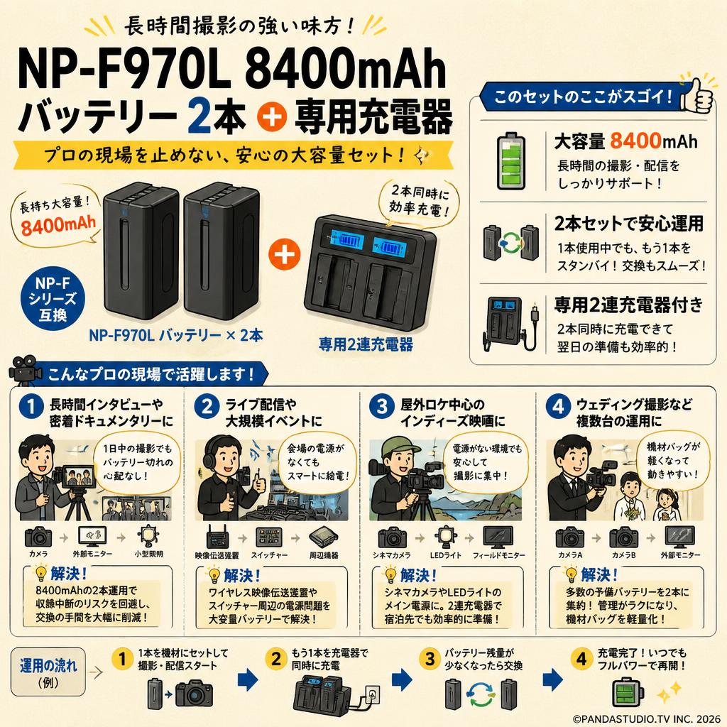 NP-F970L 8400mAh バッテリー  2本 ＋ 専用充電器 おもな対象のお客様