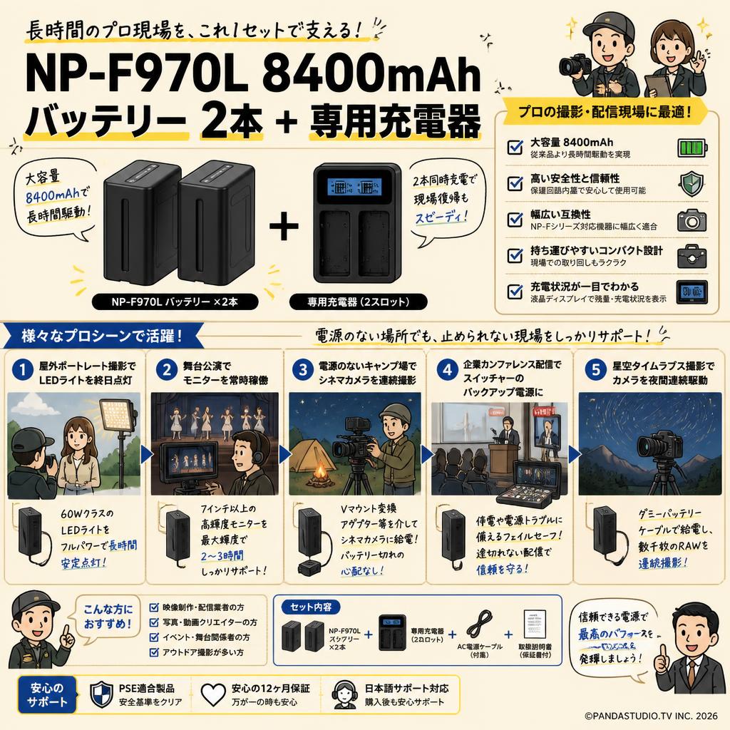NP-F970L 8400mAh バッテリー  2本 ＋ 専用充電器 用途