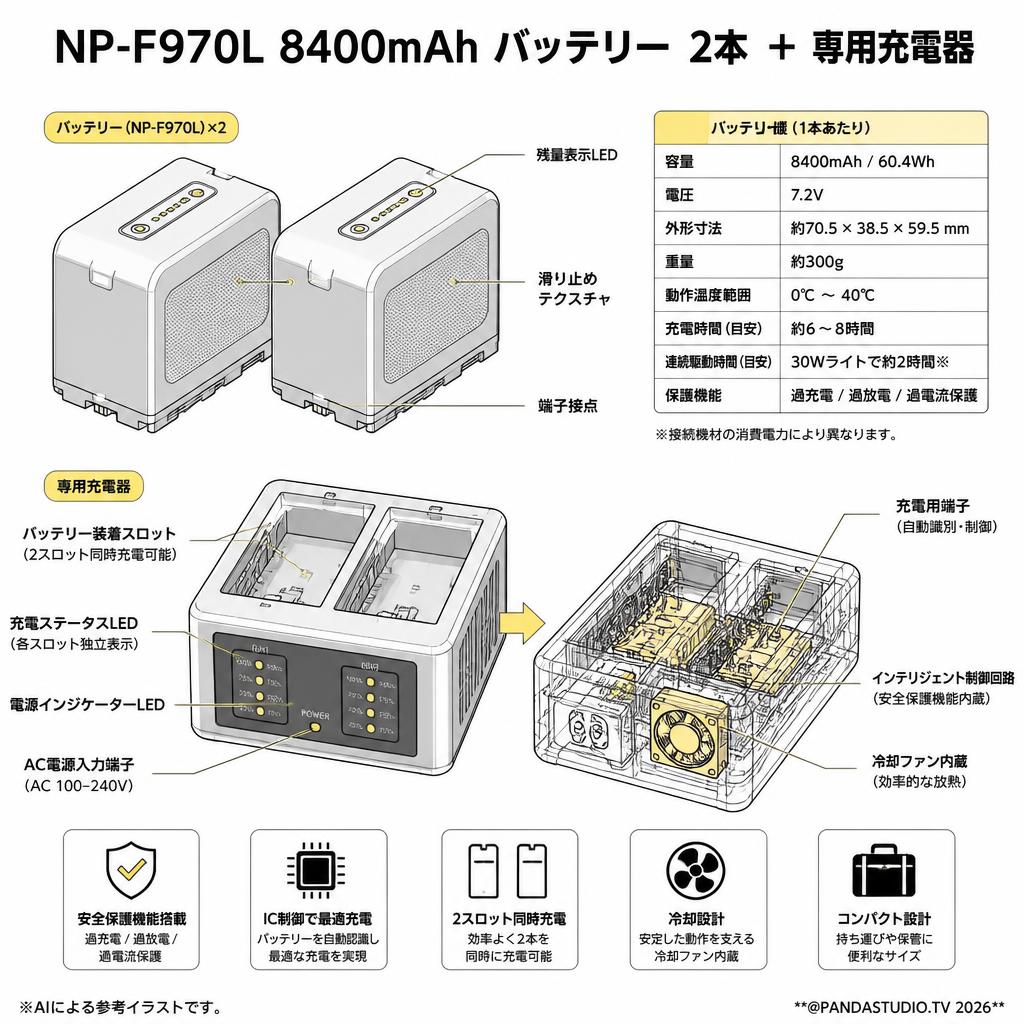 NP-F970L 8400mAh バッテリー  2本 ＋ 専用充電器 スペック
