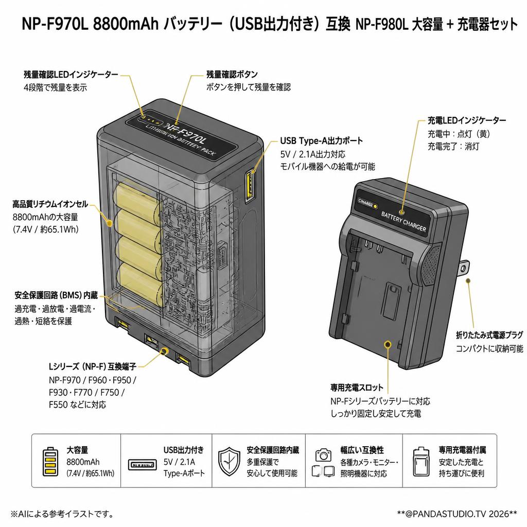 NP-F970L 8800mAh バッテリー (USB出力付き) 互換　NP-F980L 大容量 ＋ 充電器セット スペック