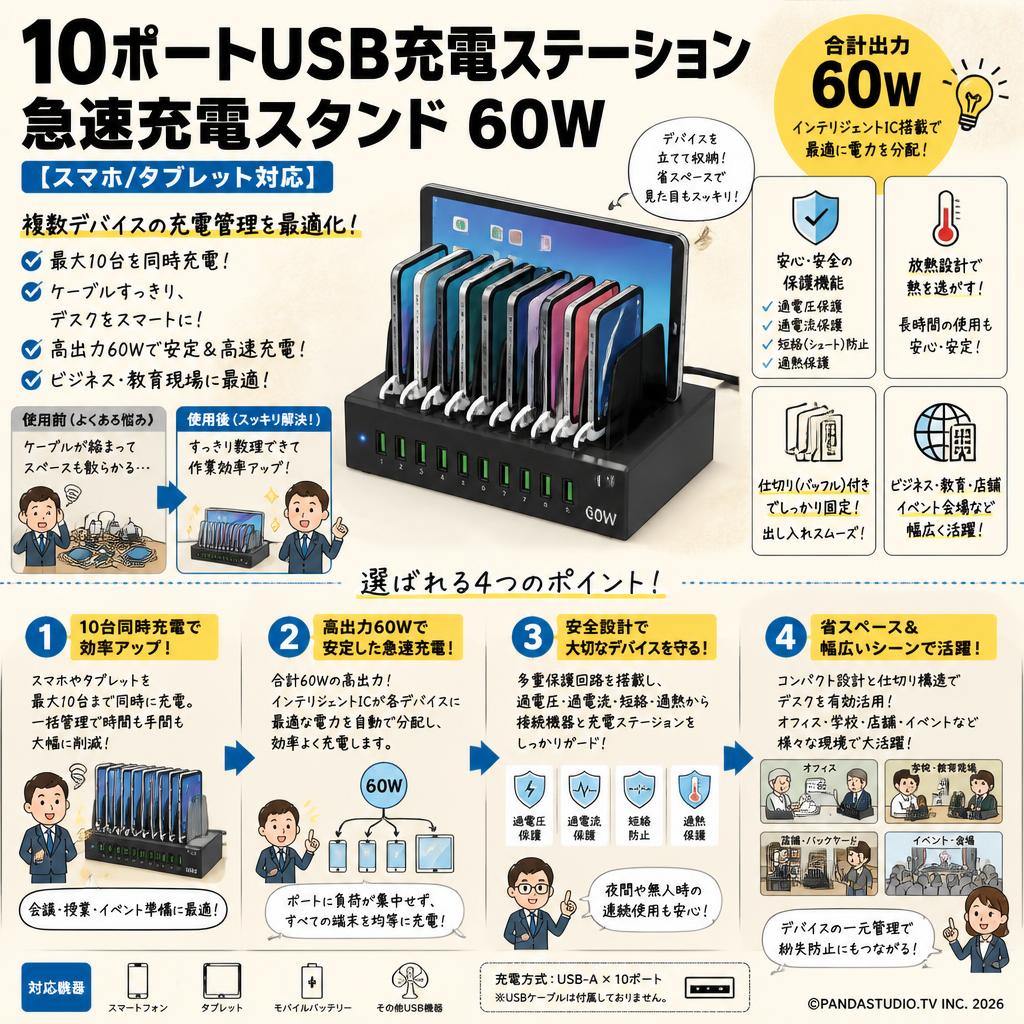 高出力60ポートUSB急速充電ステーション 10ポートUSB充電ステーション 急速充電スタンド 60w【スマホ