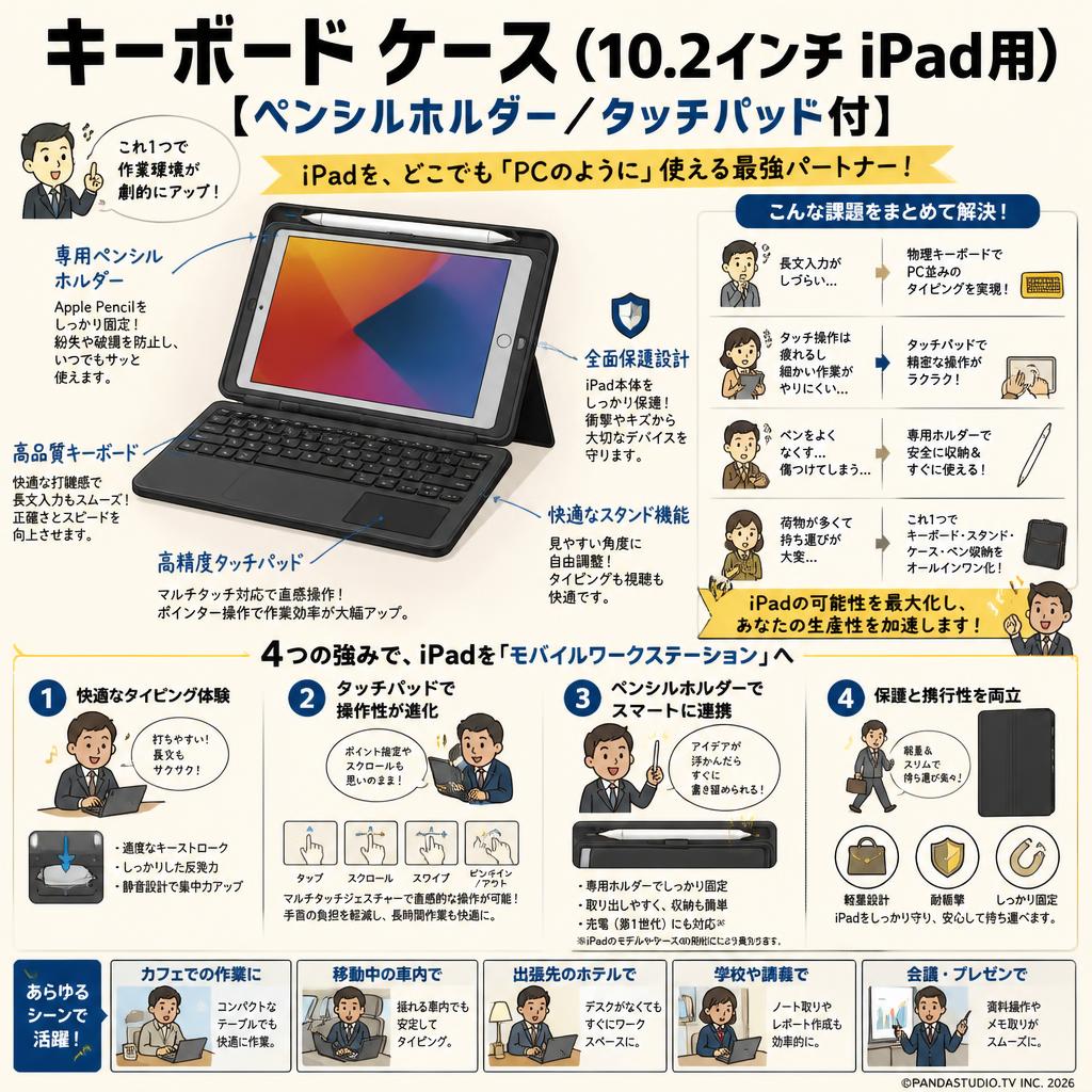 キーボード ケース(10.2インチ iPad用)【ペンシルホルダー/ タッチパッド付】 概要