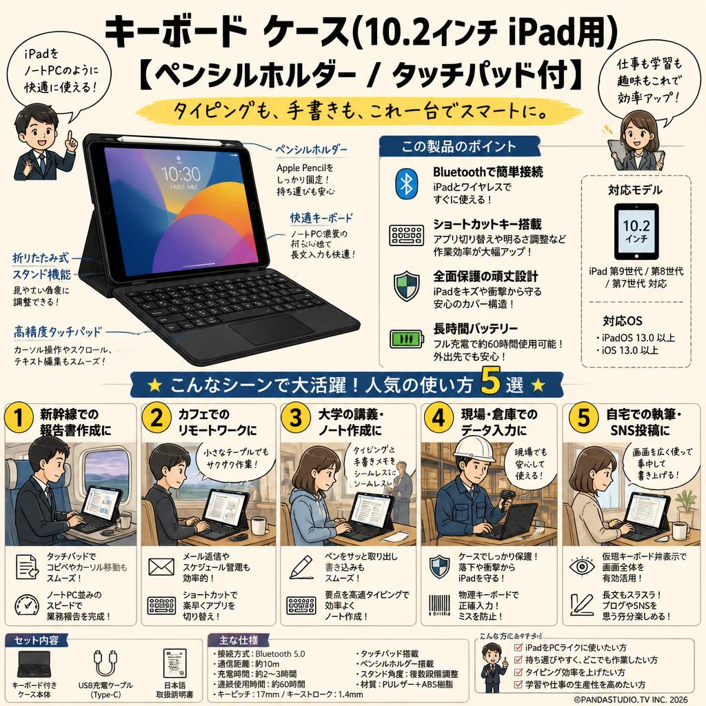 キーボード ケース(10.2インチ iPad用)【ペンシルホルダー/ タッチパッド付】 用途