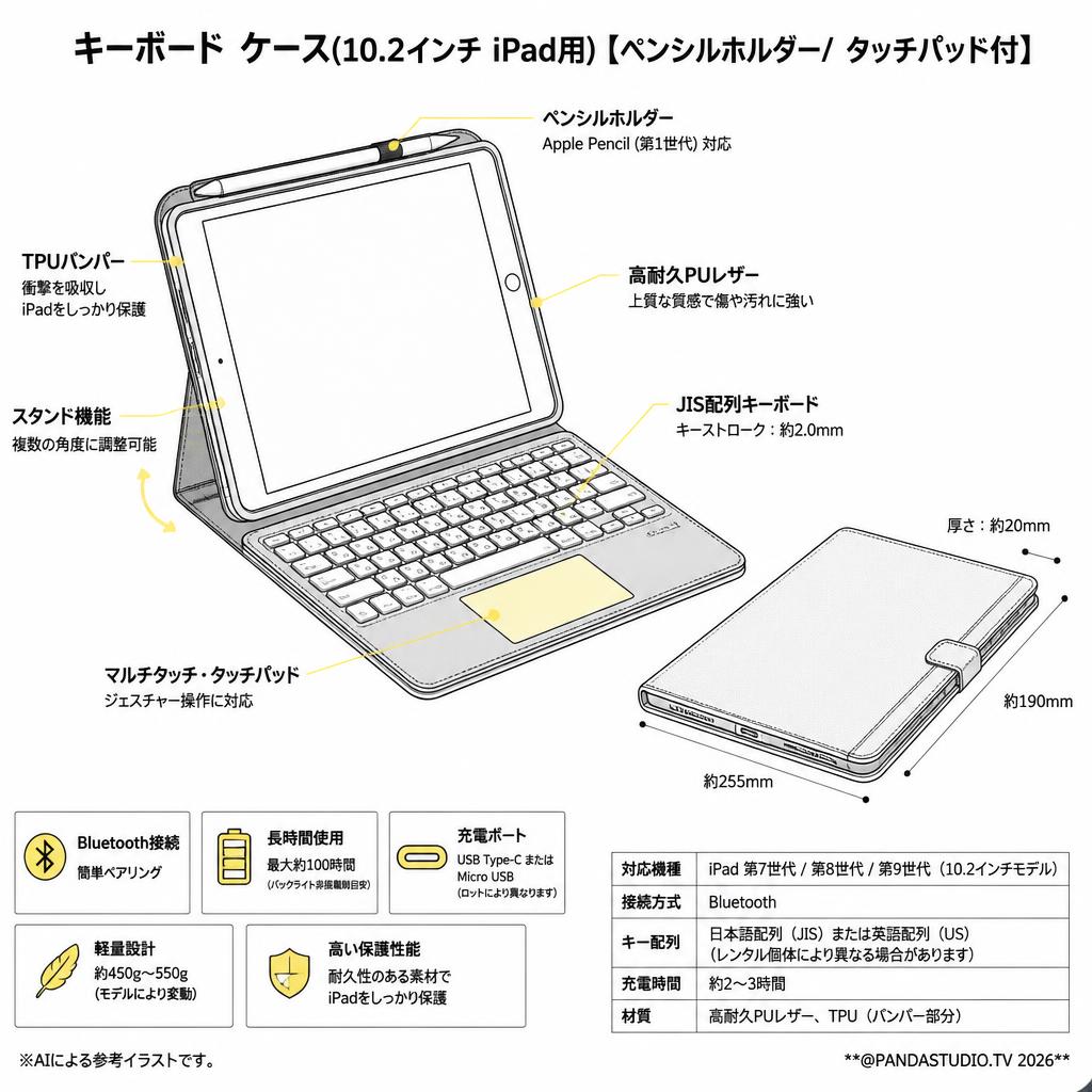 キーボード ケース(10.2インチ iPad用)【ペンシルホルダー/ タッチパッド付】 スペック