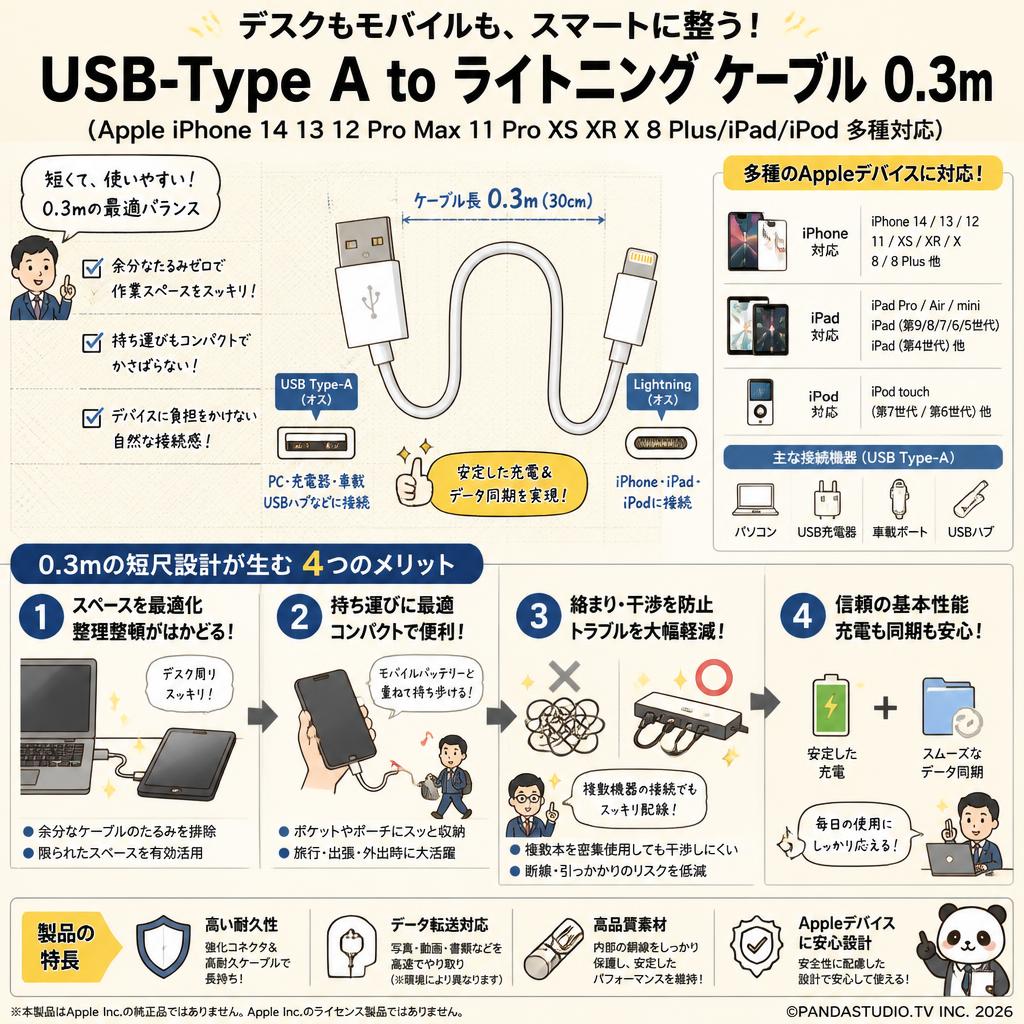 USB-Type A to ライトニング ケーブル  0.3m (Apple iPhone 14 13 12 Pro Max 11 Pro XS XR X 8 Plus/iPad/iPod 多種対応) 概要