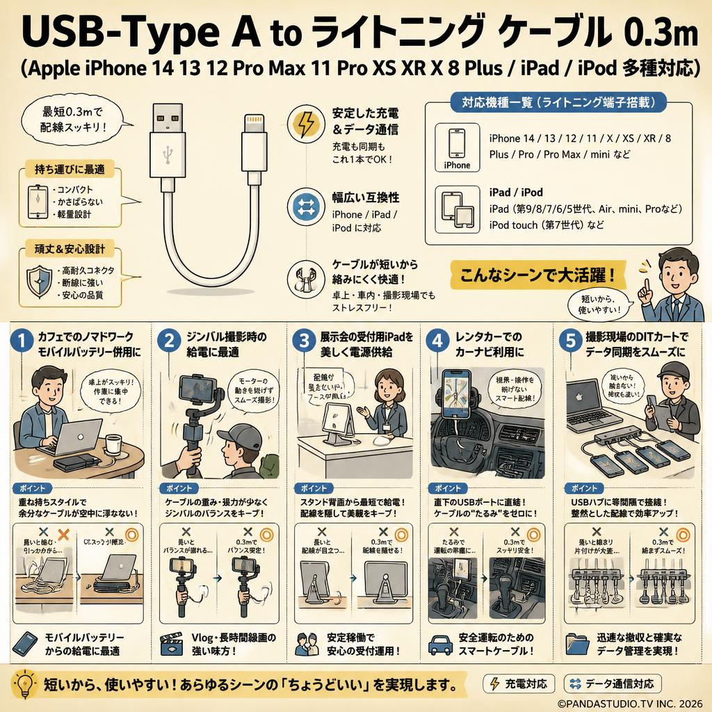 USB-Type A to ライトニング ケーブル  0.3m (Apple iPhone 14 13 12 Pro Max 11 Pro XS XR X 8 Plus/iPad/iPod 多種対応) 用途