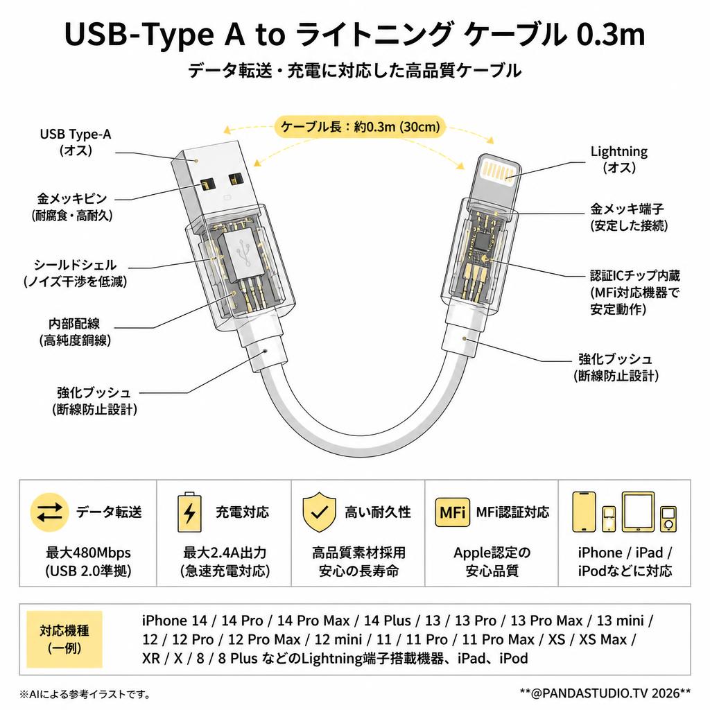 USB-Type A to ライトニング ケーブル  0.3m (Apple iPhone 14 13 12 Pro Max 11 Pro XS XR X 8 Plus/iPad/iPod 多種対応) スペック