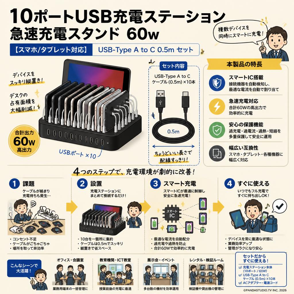 10ポートUSB充電ステーション 急速充電スタンド 60w【スマホ/タブレット対応】/ USB-Type A to C  0.5m セット 概要