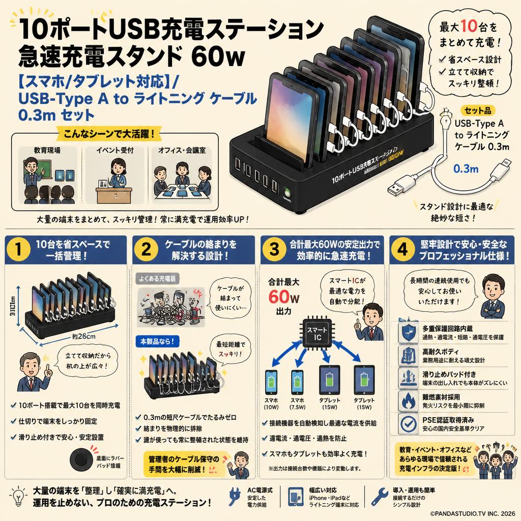 10ポートUSB充電ステーション 急速充電スタンド 60w【スマホ/タブレット対応】/ USB-Type A to ライトニング ケーブル  0.3m セット 概要