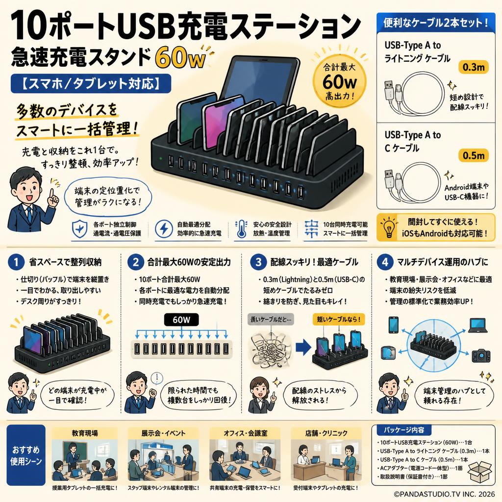 10ポートUSB充電ステーション 急速充電スタンド 60w【スマホ/タブレット対応】/ USB-Type A to ライトニング ケーブル  0.3m / USB-Type A to C 0.5m セット 概要