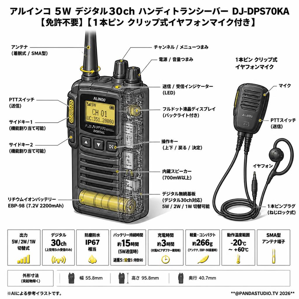 アルインコ 5W デジタル30ch ハンディトランシーバー DJ-DPS70KA 【免許不要】【1本ピン クリップ式イヤフォンマイク付き】 スペック